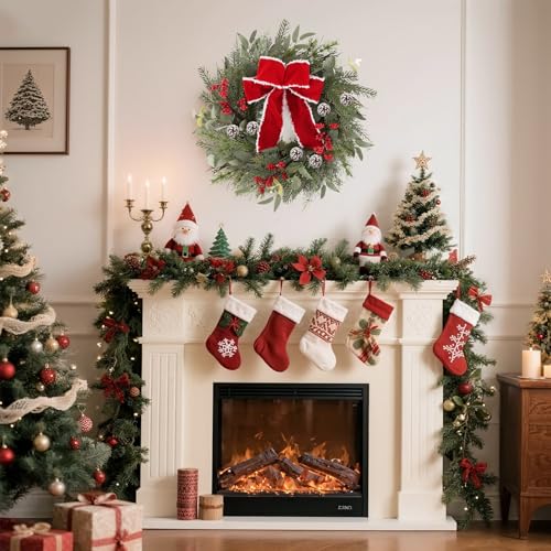 24 Inch Christmas Wreath with Red Ribbon and Pine Cones for Front Door D30392