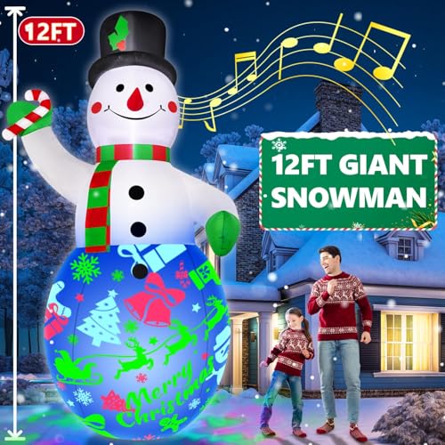 12FT Giant Christmas Inflatables Snowman with Music & 360° Rotation LED Lights E6136