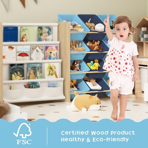 Kids Toy Storage Organizer with Bookshelf, 12 Bin, 4 Shelf, Burlywood E313566