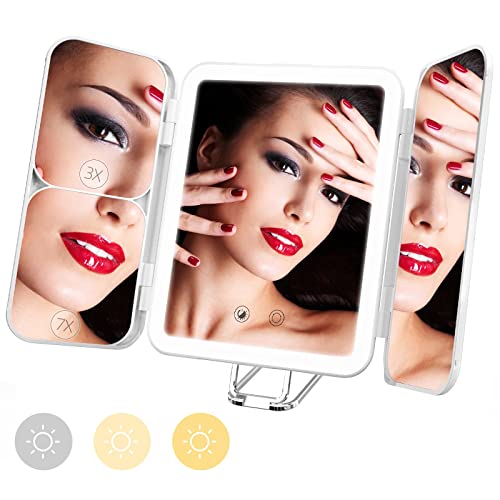 Sejoy Travel Makeup Mirror, 64 LED Lighted Vanity Mirror, 1X 3X 7X Magnification, Tri-Fold, Rechargeable, Purple G9818