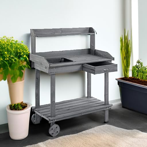 Outsunny 36" Wooden Potting Bench Work Table with Sink and Storage, Brown O683