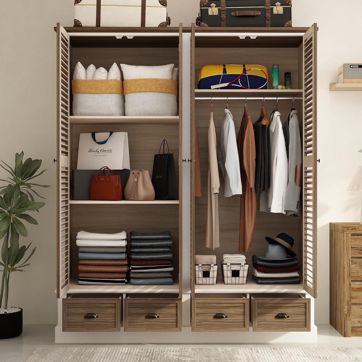 ECACAD 4 Doors Wardrobe Armoire with Louver Doors, Storage Shelves, 4 Drawers & Hanging Rod, Brown & White K855323