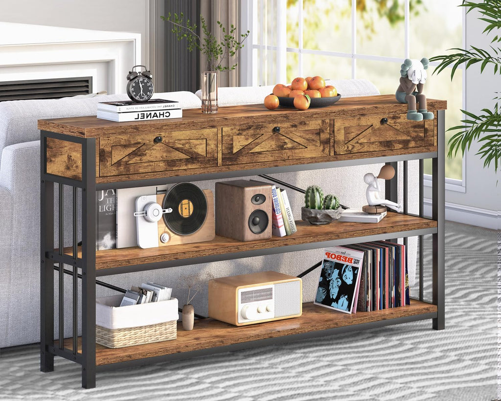 HSH Entryway Console Table with 3 Drawers, Rustic Brown, 55 inch I35530