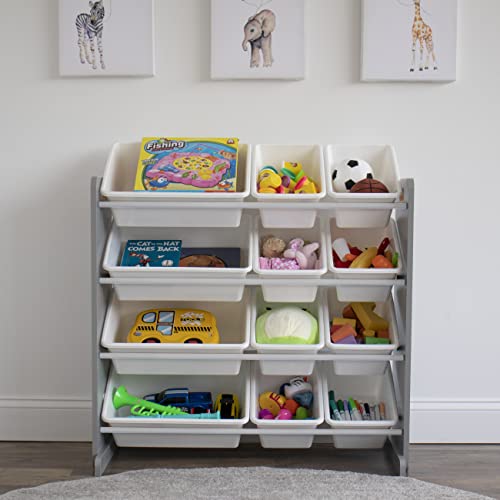 Humble Crew Kids Toy Storage Organizer with 12 Plastic Bins, Grey/White O74556