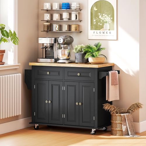 HOMCOM Kitchen Island on Wheels with Rubberwood Top, Navy Blue X7812
