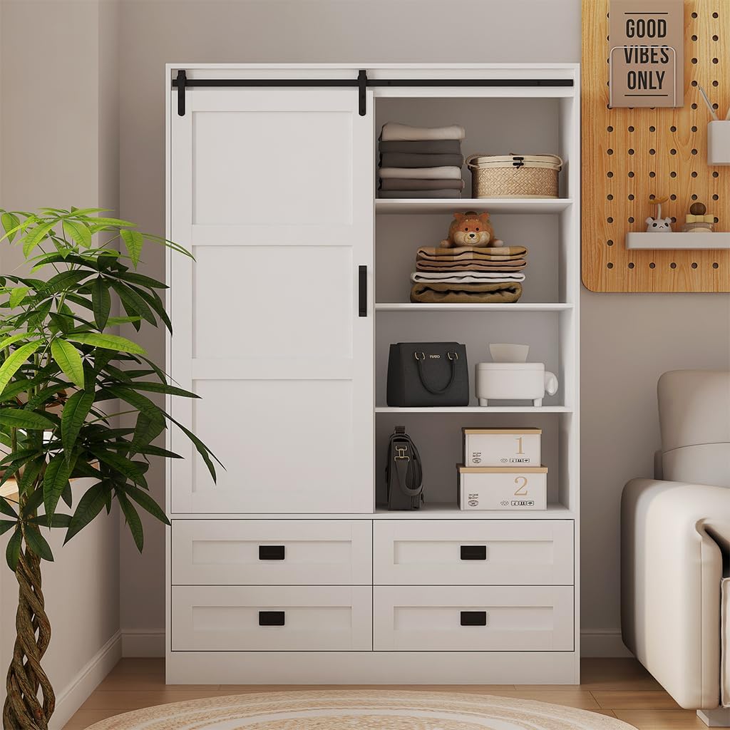 Solid Wood Armoire Wardrobe with Sliding Barn Door, 4 Drawers and Hanging Rod O1248