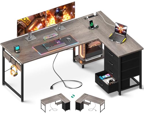 AODK L Shaped Gaming Desk with 4 Drawers, Power Outlets, Black P81263