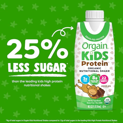 Orgain Organic Kids Protein Nutritional Shake, Chocolate, 8g Protein, 8.25 Fl Oz (Pack of 12) S5828