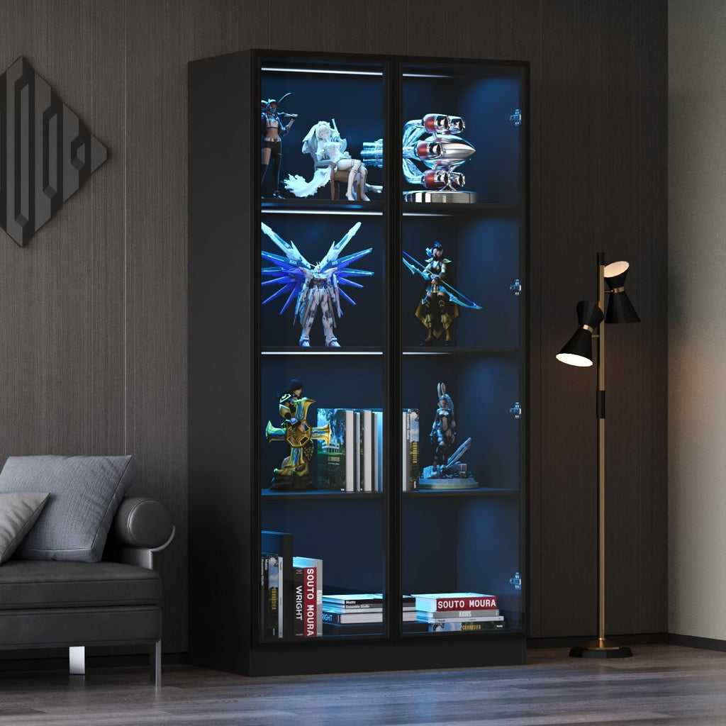 Black Display Cabinet with Glass Doors and Lights, 4-Tier C4875