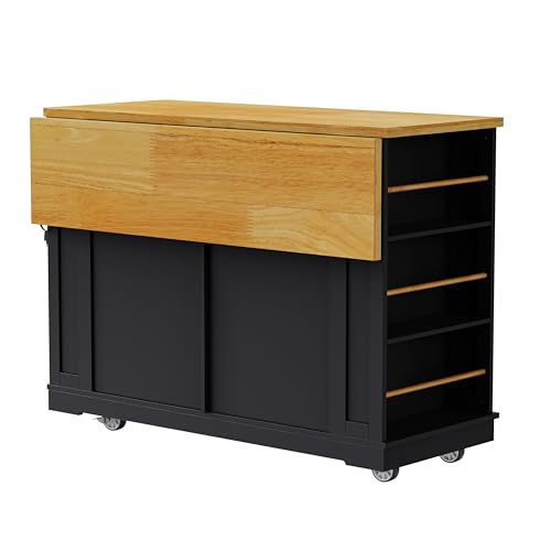 Ball & Cast 48" Kitchen Island with Power Outlet, Rolling Cart, Black H9509