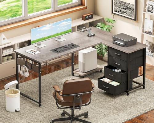 AODK L Shaped Gaming Desk with 4 Drawers, Power Outlets, Black P81263