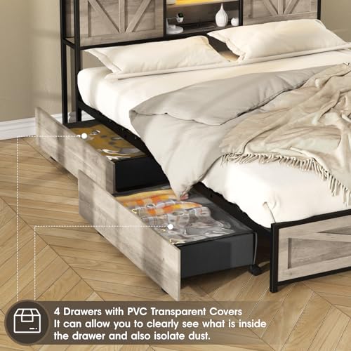 Queen Size Bed Frame with Charging Station, 4 Drawers, LED Light, Farmhouse Platform Bed with Headboard Storage, Wash Grey E20107