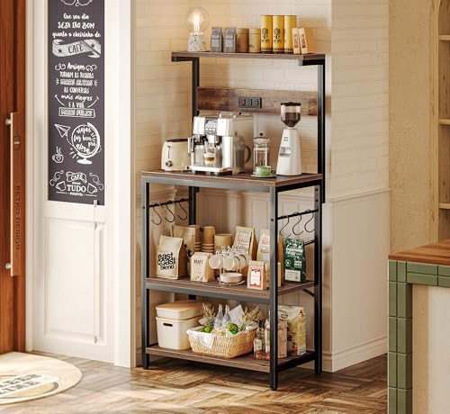 SUPERJARE Kitchen Bakers Rack with Power Outlet, Coffee Bar Table, Rustic Brown W637