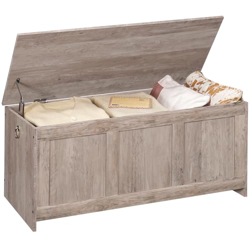 HOOBRO Storage Bench, 39.3" Retro Wooden Chest with Lift Top, White and Walnut C2921