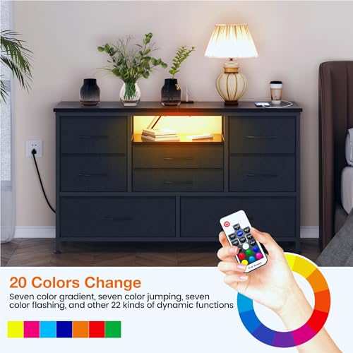 Dresser TV Stand with Power Outlet & LED for 55'' TV, 8 Drawers, Wood Top P3503