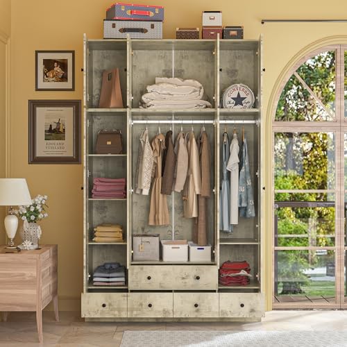 ECACAD Extra Tall Wardrobe Armoire with Top Cabinet, 10 Shelves, 4 Drawers, Hanging Rod, Light Brown E394971
