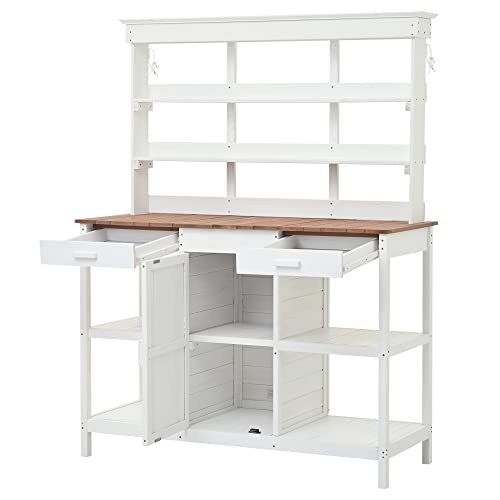 Merax 66" Outdoor Farmhouse Wooden Potting Bench Table with 2 Drawers and Cabinet, Brown U7933