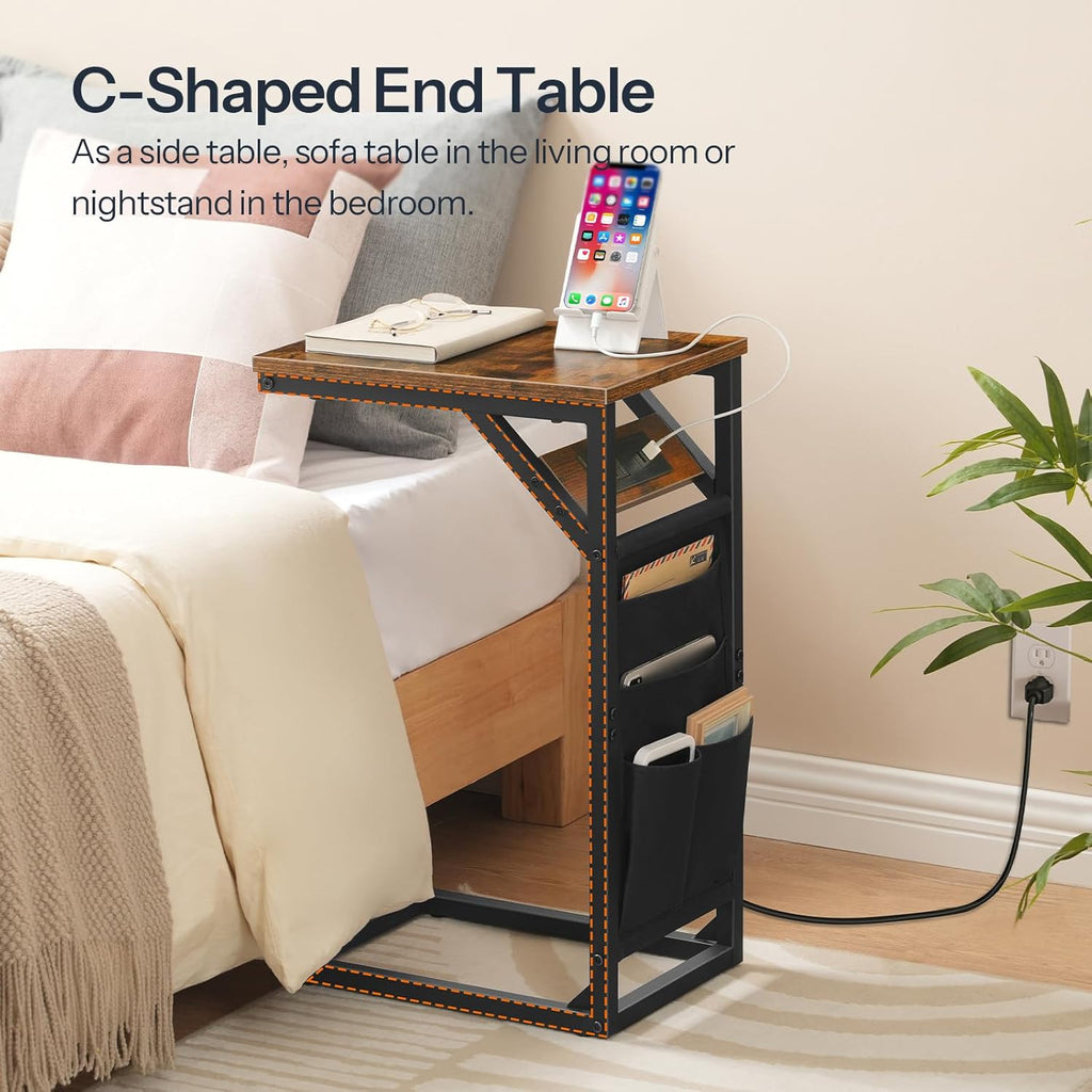 HOOBRO C-Shaped End Table with Charging Station, Metal Frame, Rustic Brown and Black M645406