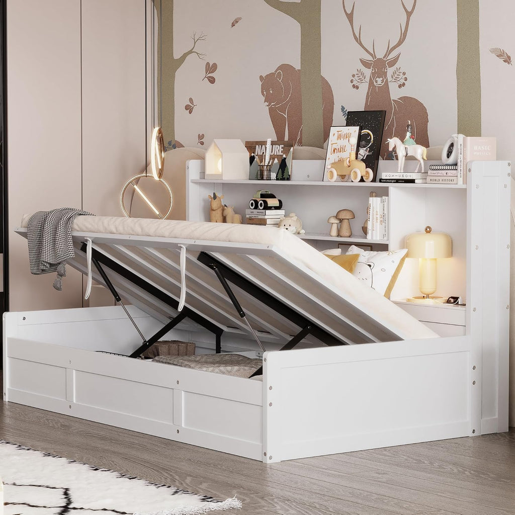 Twin Size Daybed with Storage Bookcases and USB Charging Station, White G546