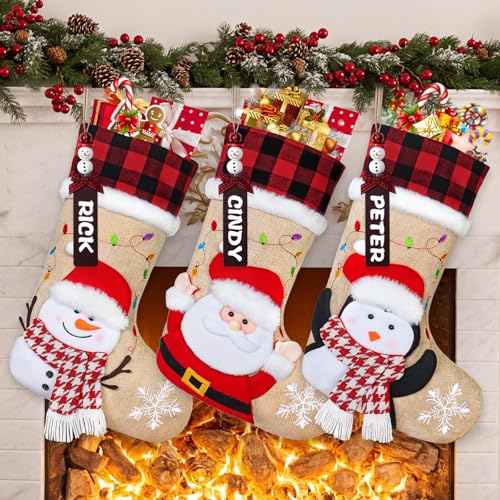 DEMIUKO 3PCS Christmas Stockings with Name Tags Snowman Santa Penguin F6894