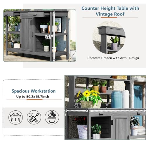 Merax 66" Outdoor Farmhouse Wooden Potting Bench Table with 2 Drawers and Cabinet, Brown U7933