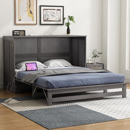 Harper & Bright Designs Queen Murphy Bed Cabinet, Solid Pine, Espresso W128