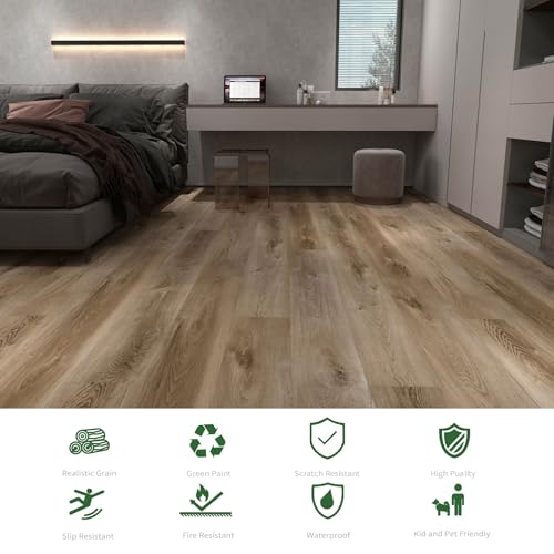 Interlocking Luxury Vinyl Flooring Wood-Look Planks SPC Rigid Core Waterproof Hickory Q852539