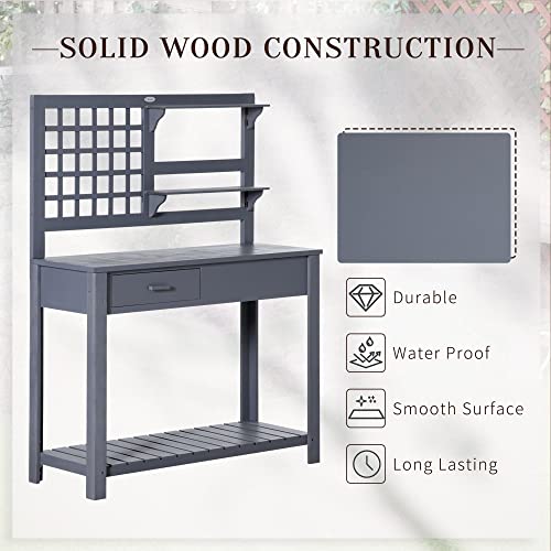 Outsunny Potting Bench Table, Outdoor Wooden Workstation with Shelves and Drawer Z303163