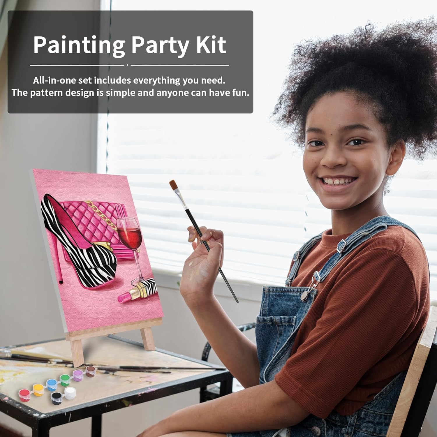 VOCHIC Paint and Sip Kit, Pre Drawn Canvas for Adults with Easel, 8 Acrylic Colors J9363