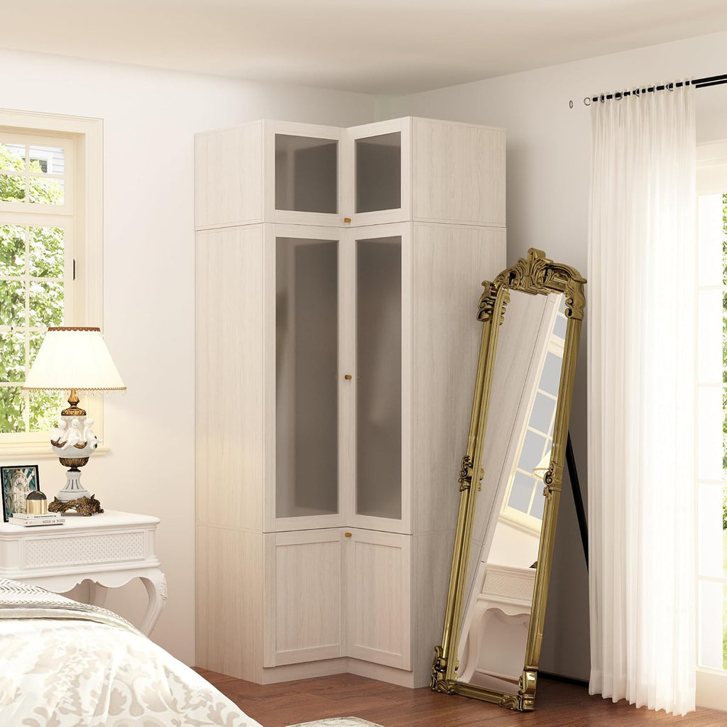Homsee L-Shape Armoire Wardrobe with Frosted Glass Doors for Bedroom, Warm Grey C61970