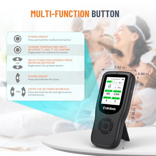 LifeBasis 11-in-1 Indoor Air Quality Monitor with Stand, Real-Time AQI, PM2.5, CO2, Temperature and Humidity Z448408