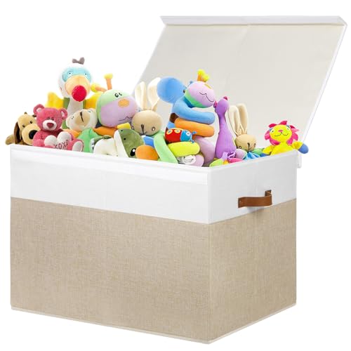 Large Toy Storage Box with Lid and Dividers for Kids, Beige and White X95078