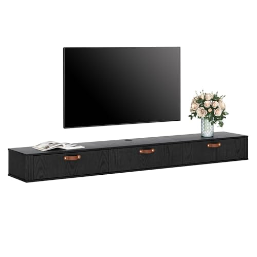WAMPAT Floating TV Stand, Wall Mounted Wood Media Console, 70 inch, Black A6087