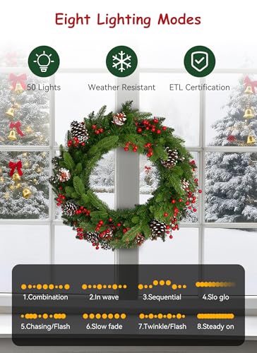 Brightown 24 Inch Pre-Lit Artificial Christmas Wreath with Pine Cones & Berries L37024