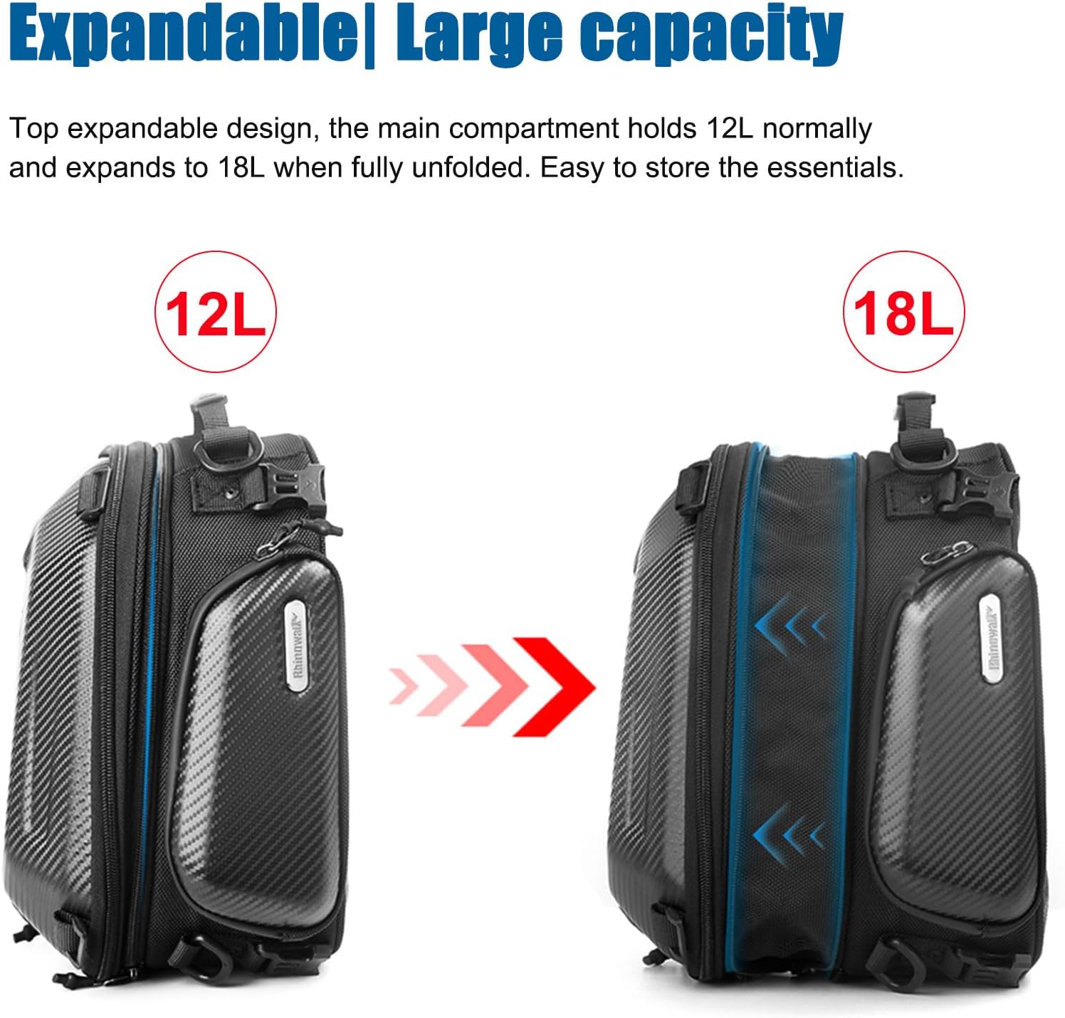 HUNTVP Motorcycle Tail Bag Waterproof Expandable 12L-18L with Rain Cover, Black D5159