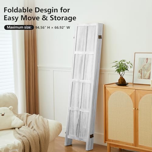 Wood Room Divider 4 Panel, 5.6 FT Tall Folding Privacy Screen, Retro White K4688
