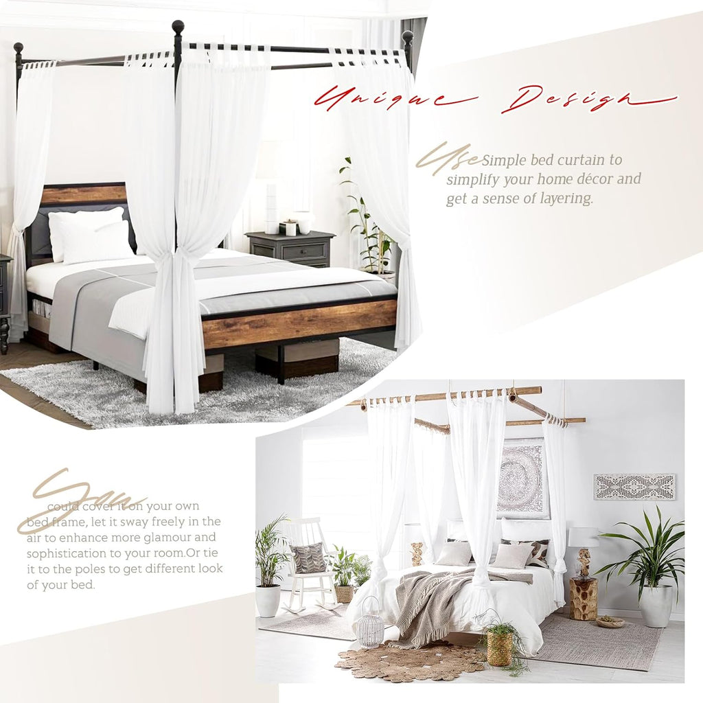 White Canopy Bed Curtains for King Queen Full Twin Bed Frame with Velcro A94372