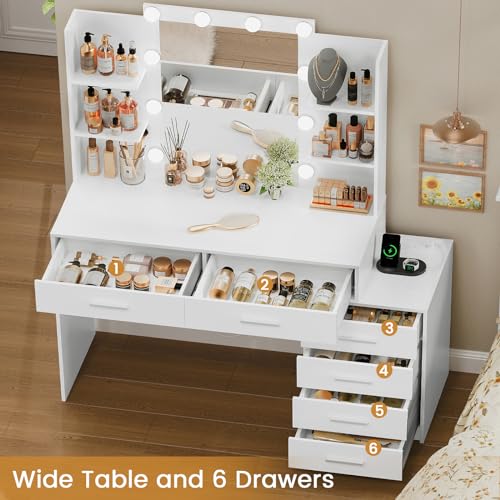 Quimoo Large Vanity Desk with LED Mirror & Power Outlet, White L335
