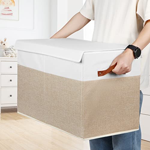 Large Toy Storage Box with Lid and Dividers for Kids, Beige and White X95078