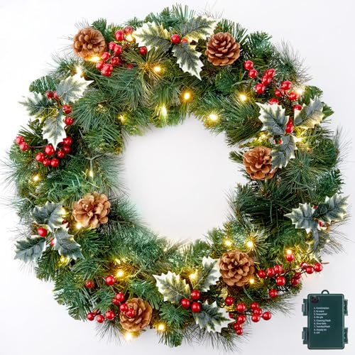 24 Inch Prelit Christmas Wreath with LED Lights for Front Door B9710