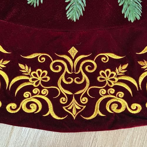 Burgundy Victorian Velvet Christmas Tree Skirt with Gold Damask Embroidery Q6345
