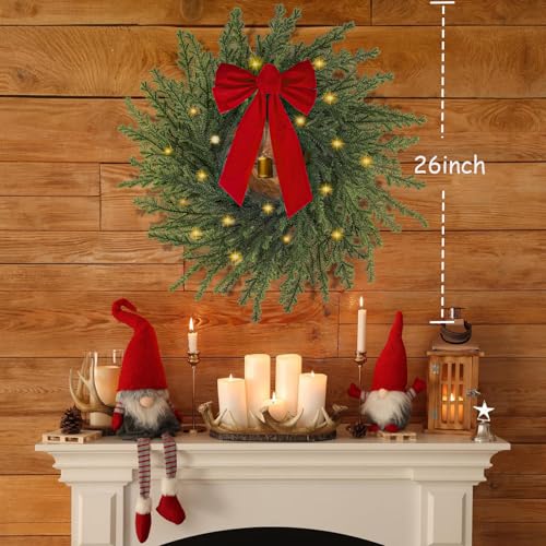 26 in Norfolk Pine Christmas Wreath with Lights, Red Bow and Bell Y2312