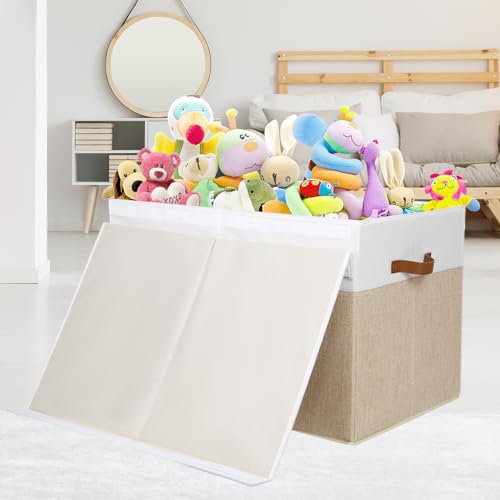 Large Toy Storage Box with Lid and Dividers for Kids, Beige and White X95078
