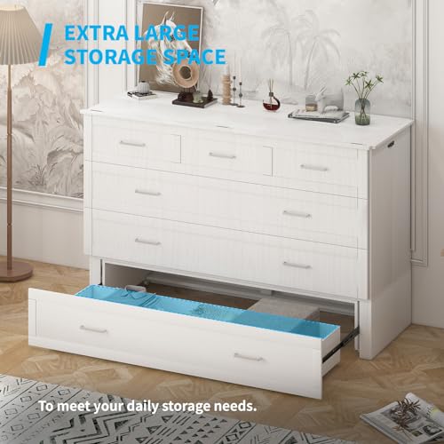 Mjkone Queen Murphy Bed with Tri-Fold Mattress, Charging Station and Storage Drawers, Cherry O58055