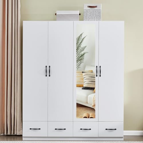 4-Door Wooden Gray Armoire Wardrobe Closet with 3 Drawers for Bedroom Storage Wardrobe Closet Wood with Hanging Rod with Large Storage Wardrobe with Drawers 63" L x 20.3" W x 72" H