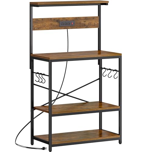 SUPERJARE Kitchen Bakers Rack with Power Outlet, Coffee Bar Table, Rustic Brown W637