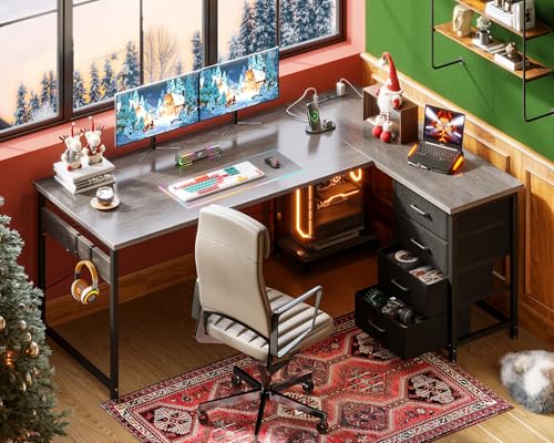 AODK L Shaped Gaming Desk with 4 Drawers, Power Outlets, Black P81263