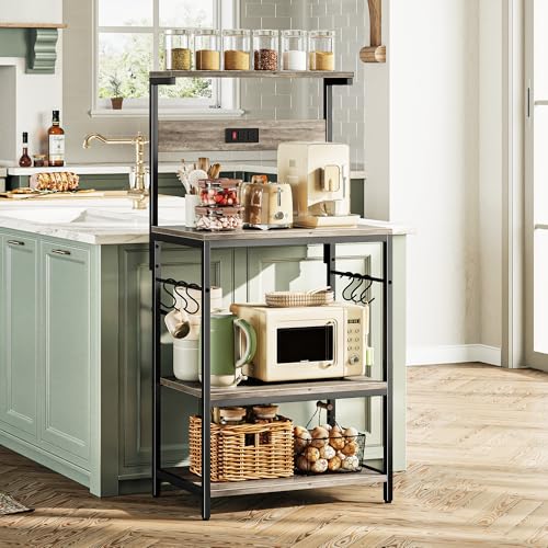 SUPERJARE Kitchen Bakers Rack with Power Outlet, Coffee Bar Table, Rustic Brown W637