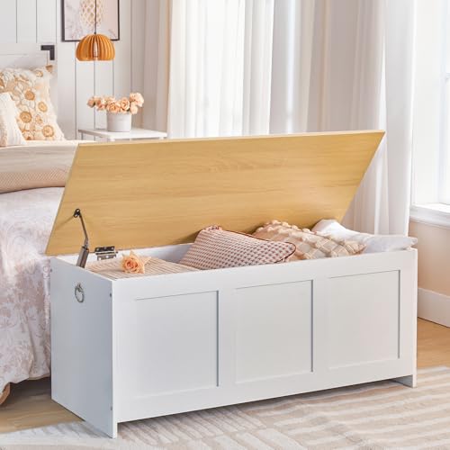 HOOBRO Storage Bench, 39.3" Retro Wooden Chest with Lift Top, White and Walnut C2921