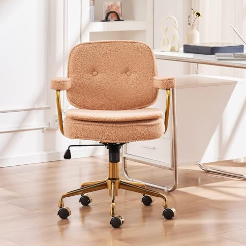 Boucle Desk Chair with Wheels and Arms, Gold Metal Legs, Teddy Chair for Girls and Women, Camel T741